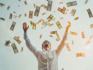 A joyful man raises his arms as money falls from the sky, symbolizing financial success and abundance. on a light background