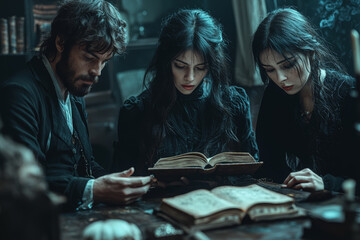 Fototapeta premium A Victorian s'ance where participants attempt to communicate with spirits on Halloween night. Concept of Halloween and spiritualism in the Victorian era.