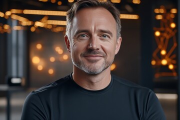 Fototapeta premium Mature man standing in a modern space filled with glowing elements symbolizing leadership innovation and personal growth with a focus on technology and forward thinking