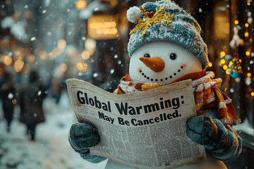 A snowman reading a newspaper with the headline "Global Warming: Winter May Be Cancelled." Concept of climate change impacting holiday seasons.