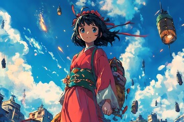 Fototapeta premium Anime girl in red kimono looking up at sky with floating lanterns and clouds