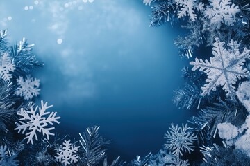 Winter wonderland scene with frosty snowflakes and glistening pine branches against a blue background, Christmas concept