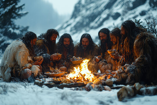 A Neolithic tribe gathering around a communal fire during the winter solstice, sharing stories and food as a precursor to Christmas traditions. Concept of early winter celebrations.