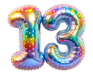 neon holografic foil balloon for birthday in the shape of the number 13 , isolated on the white background