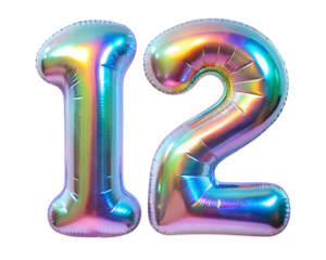 neon holografic foil balloon for birthday in the shape of the number 12 , isolated on the white background