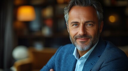 a Satisfied mature businessman with a confident smile, dressed in professional attire and exuding success.
