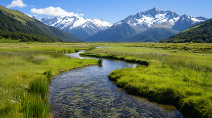 Obraz premium A serene meadow with a crystal-clear stream winding through and snow-capped mountains in the background.