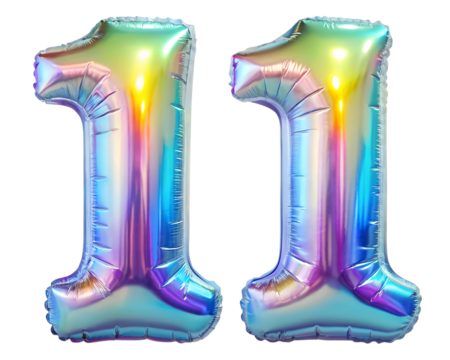 neon holografic foil balloon for birthday in the shape of the number 11 , isolated on the white background