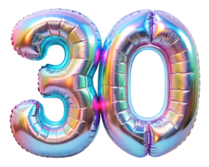 neon holografic foil balloon for birthday in the shape of the number 30 , isolated on the white background