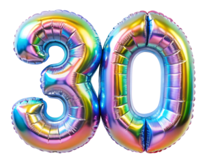 neon holografic foil balloon for birthday in the shape of the number  30, isolated on the white background