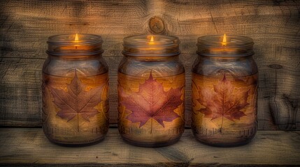 Three mason jars with fall leaves painted on them