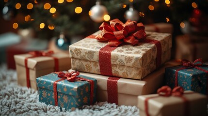 an Colorful Christmas gift boxes stacked under a tree, wrapped with festive ribbons and bows.