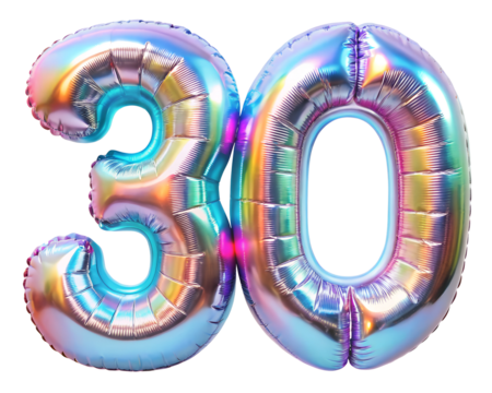 neon holografic foil balloon for birthday in the shape of the number 30 , isolated on the white background - Powered by Adobe