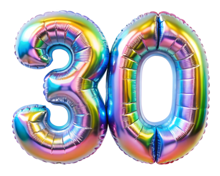 neon holografic foil balloon for birthday in the shape of the number  30, isolated on the white background