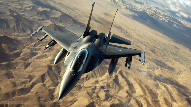 Jet fighter above american desert. Digital art