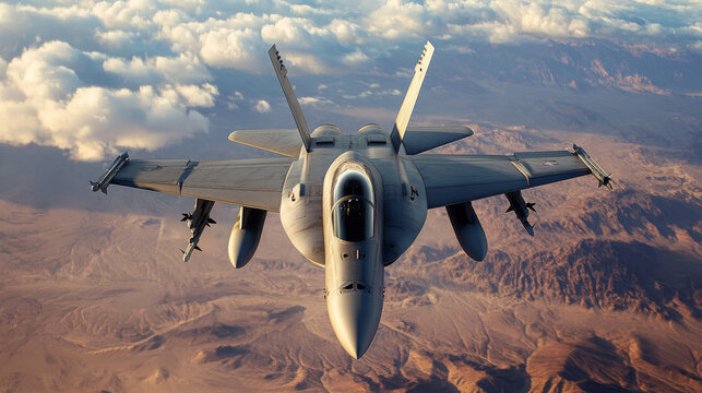 Jet fighter above american desert. Digital art