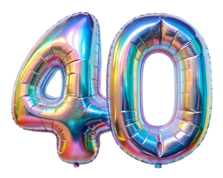 neon holografic foil balloon for birthday in the shape of the number 40 , isolated on the white background - Powered by Adobe