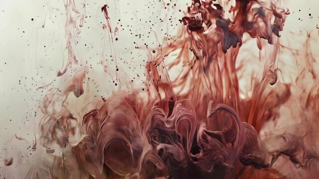 a mesmerizing abstract composition of swirling and splattering paint in shades of red and beige
