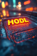 Illuminated 'HODL' Sign Reflecting on Rainy Streets: A Symbol of Cryptocurrency Resilience