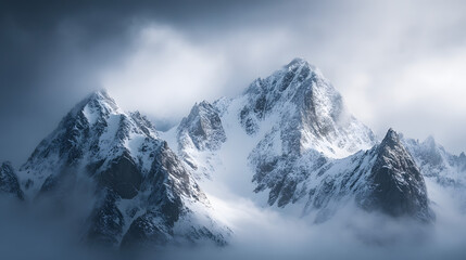 Fototapeta premium A sharp jagged mountain range piercing through the clouds with snow-covered slopes glistening in the sunlight.