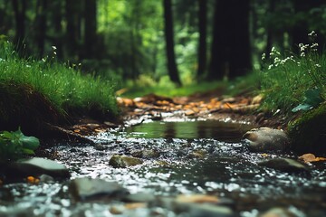 Fototapeta premium Close up view of a stream in a forest with flowing water and rocks. Tranquil natural scenery.