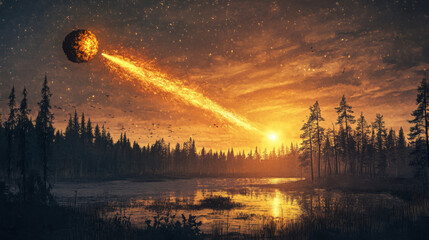 Tunguska event. Meteor air burst over siberian forest. 