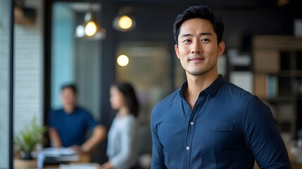 Naklejka premium Portrait of a smiling Asian man in a blue shirt