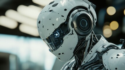 Fototapeta premium Close-up of a White, Futuristic Robot with Glowing Blue Eye