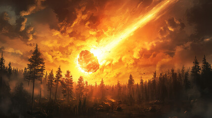 Tunguska event. Meteor air burst over siberian forest. 