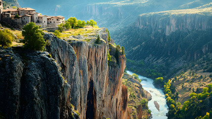 Fototapeta premium A small mountain village perched on a cliffside overlooking a deep canyon with a river flowing far below.