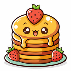 a kawaii pancake stack character with syrup drizzling down the sides, topped with butter and a strawberry.