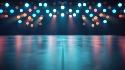A vibrant stage illuminated by colorful lights, creating an inviting atmosphere for performances and events.