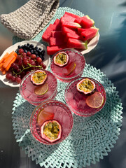 Table of drinks and fruit