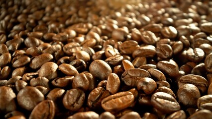 Roasted coffee beans on heap.