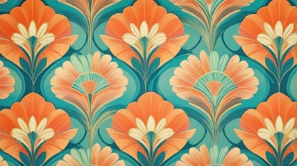 Fototapeta premium Orange turquoise floral pattern, art deco wallpaper