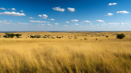 Fototapeta premium A sprawling savannah under the midday sun with tall grass scattered acacia trees and distant wildlife.