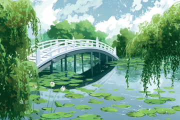 Fototapeta premium Serene pond with arched bridge