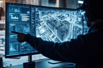 Engineer showcases architectural design blueprint on multi monitor setup in futuristic workspace