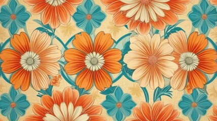 Fototapeta premium Orange turquoise floral pattern, art deco wallpaper