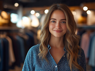 Obraz premium Young woman owned clothing shop or garment confidently looking at camera with happy smiley face