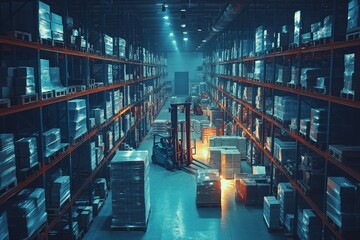 Vibrant warehouse activity  workers and forklifts in motion amidst high shelves of goods