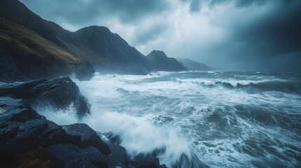 A stormy sea with towering waves crashing into a rocky shoreline rain pouring down in sheets as the wind howls.