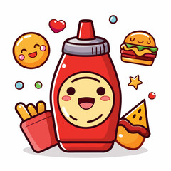  a kawaii ketchup bottle with a smiling face and a fun label. Surround the bottle with tiny,