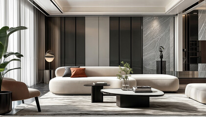 Modern living room with white sofa, black accents and large window.