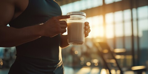 Man holding protein shake in a gym, fitness nutrition for muscle building, exercise, healthy lifestyle concept