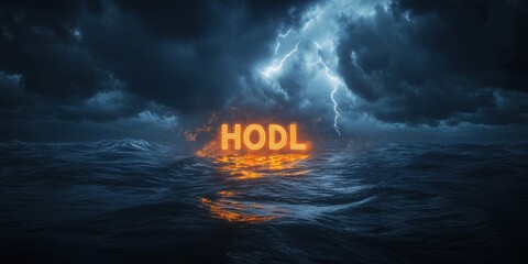 Dramatic Stormy Sea with Neon 'HODL' Sign: A Powerful Imagery of Resilience in the Face of Nature