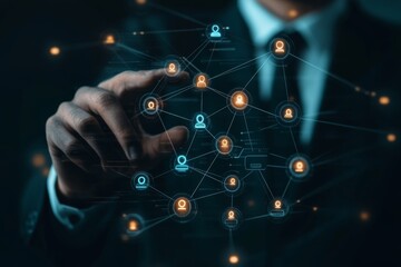Businessman interacting with virtual social network graph of customer connections and marketing tech