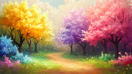 Blooming spring trees illustration. horizontal digital oil looking painting. spring landscape with colorful blooming trees. ai illustration, fantasy digital painting. Digital Landscape. Illustration