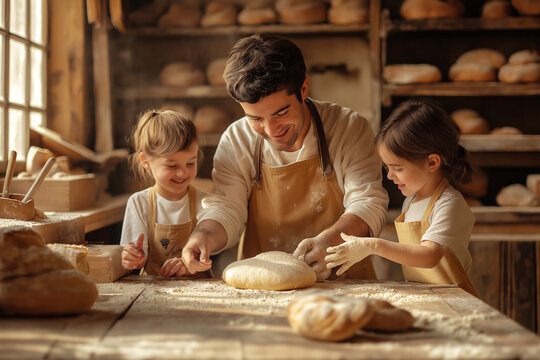 Baking bread together, happy family in bakery, father teaching kids, hands in dough, bonding through cooking, childhood memories, baking lessons concept