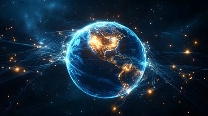 Fototapeta premium Earth surrounded by glowing connections, symbolizing global connectivity and data transfer between different satellite services across various countries